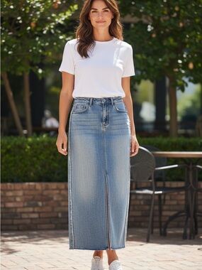 GG Collection Light Blue Denim Maxi Skirt with Front Slit